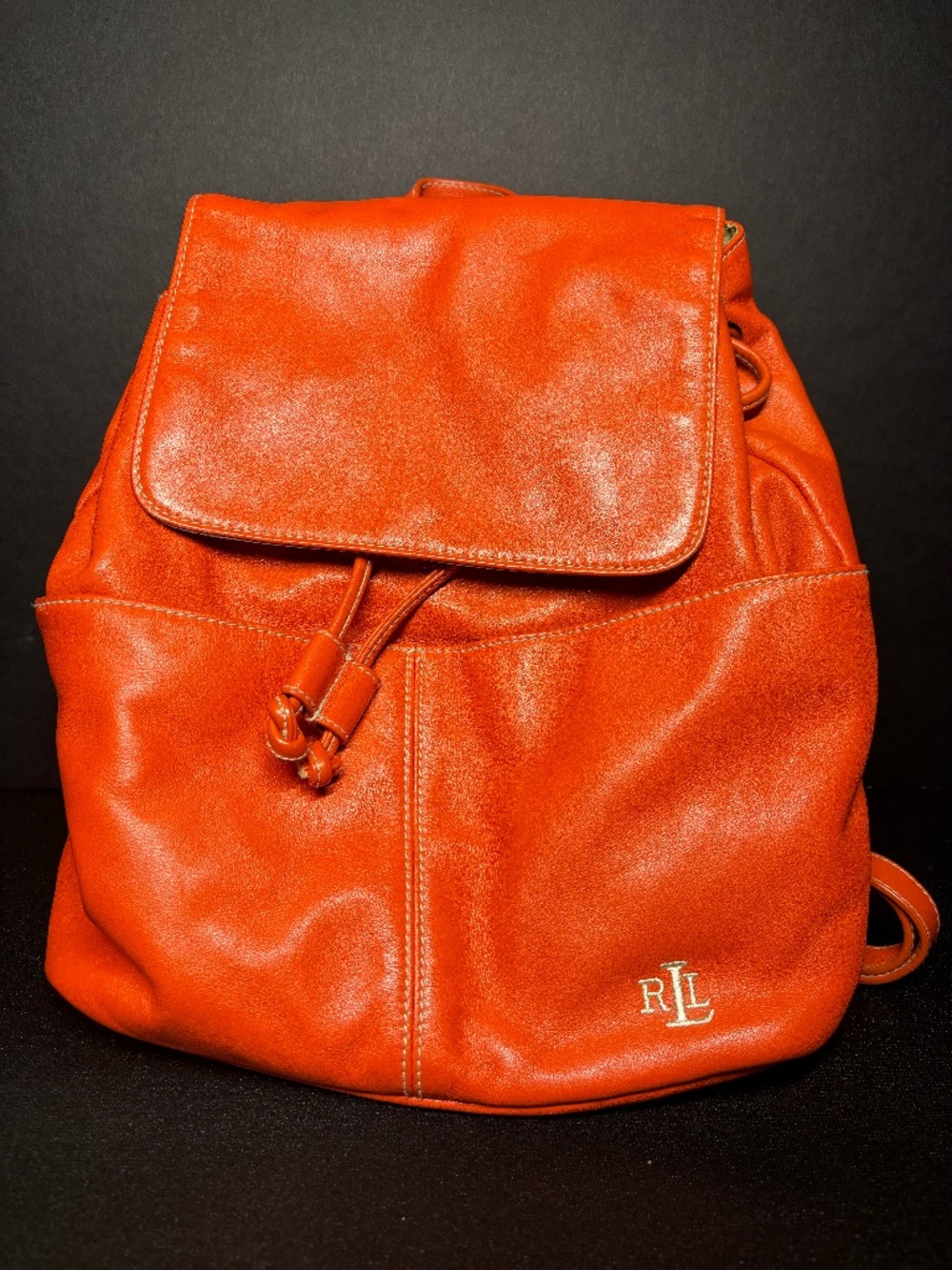 Lauren Ralph Lauren Orange Leather Drawstring Backpack Bag RL Logo
